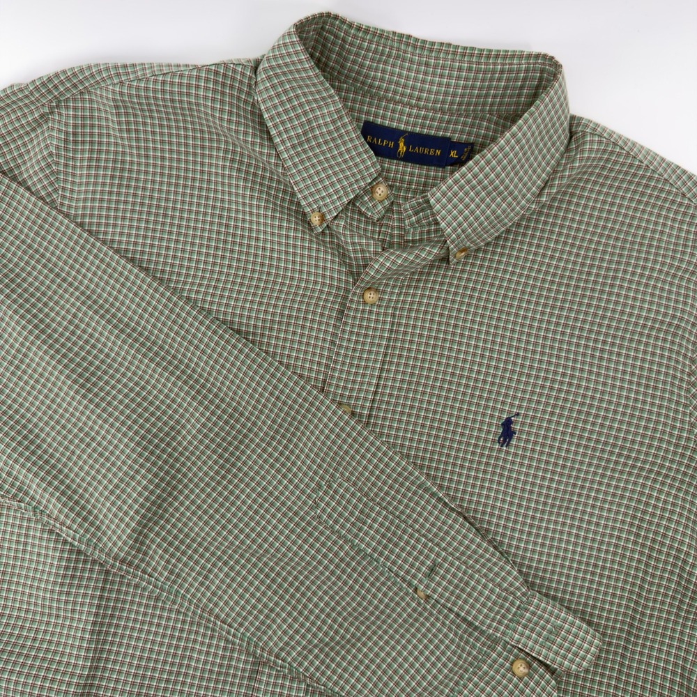 Ralph Lauren Mens XL Green Brown Plaid Button Down Shirt Long Sleeve Pony